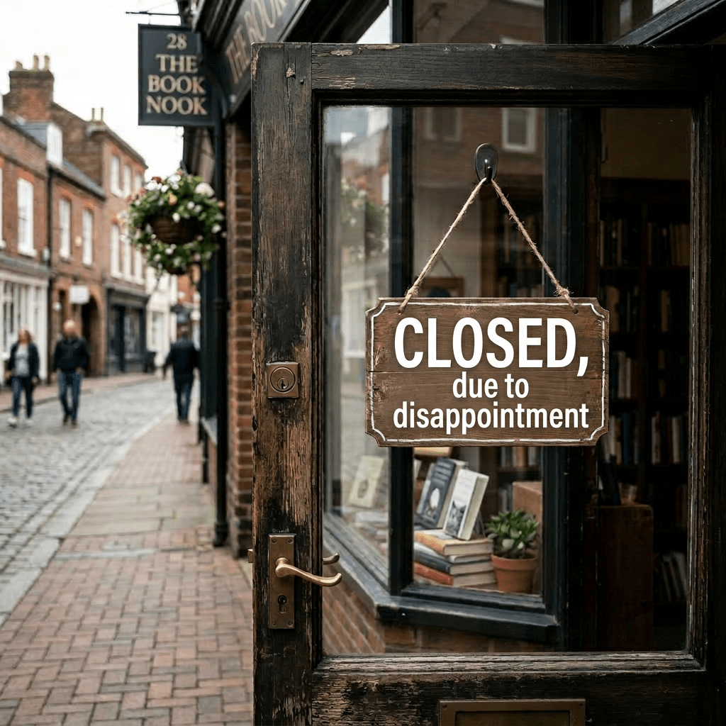 Wooden sign on glass door reading 'Closed sorry we are reopening tomorrow at 9:00 AM'