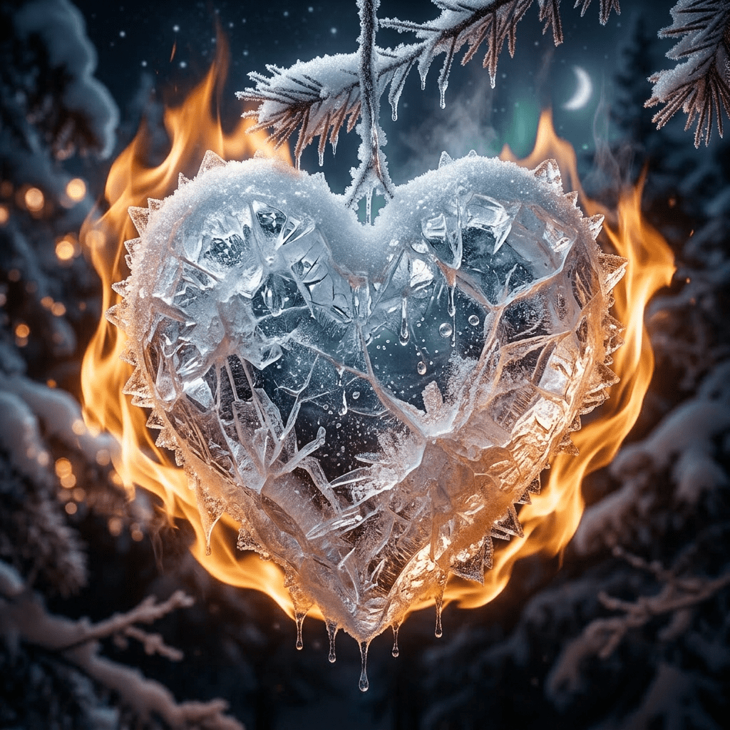 Heart-shaped ice ornament hanging on a snow-covered pine branch at night