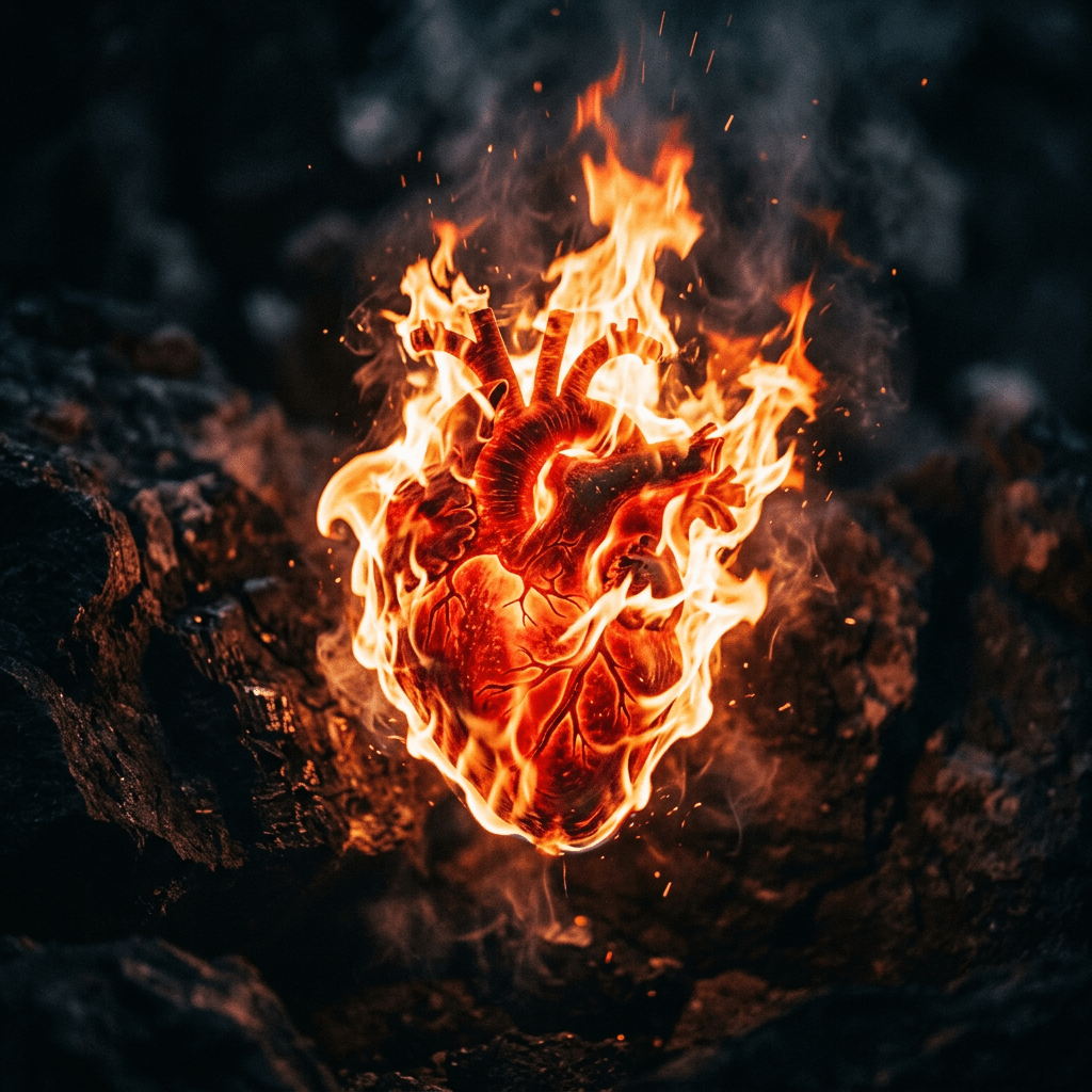 Anatomical heart surrounded by bright, vivid flames with detailed veins and arteries