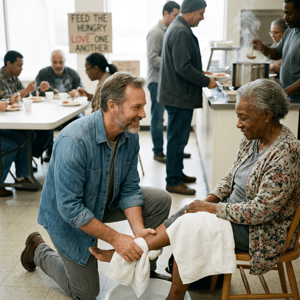 Man kneeling and washing feet of older woman seated on chair in shelter