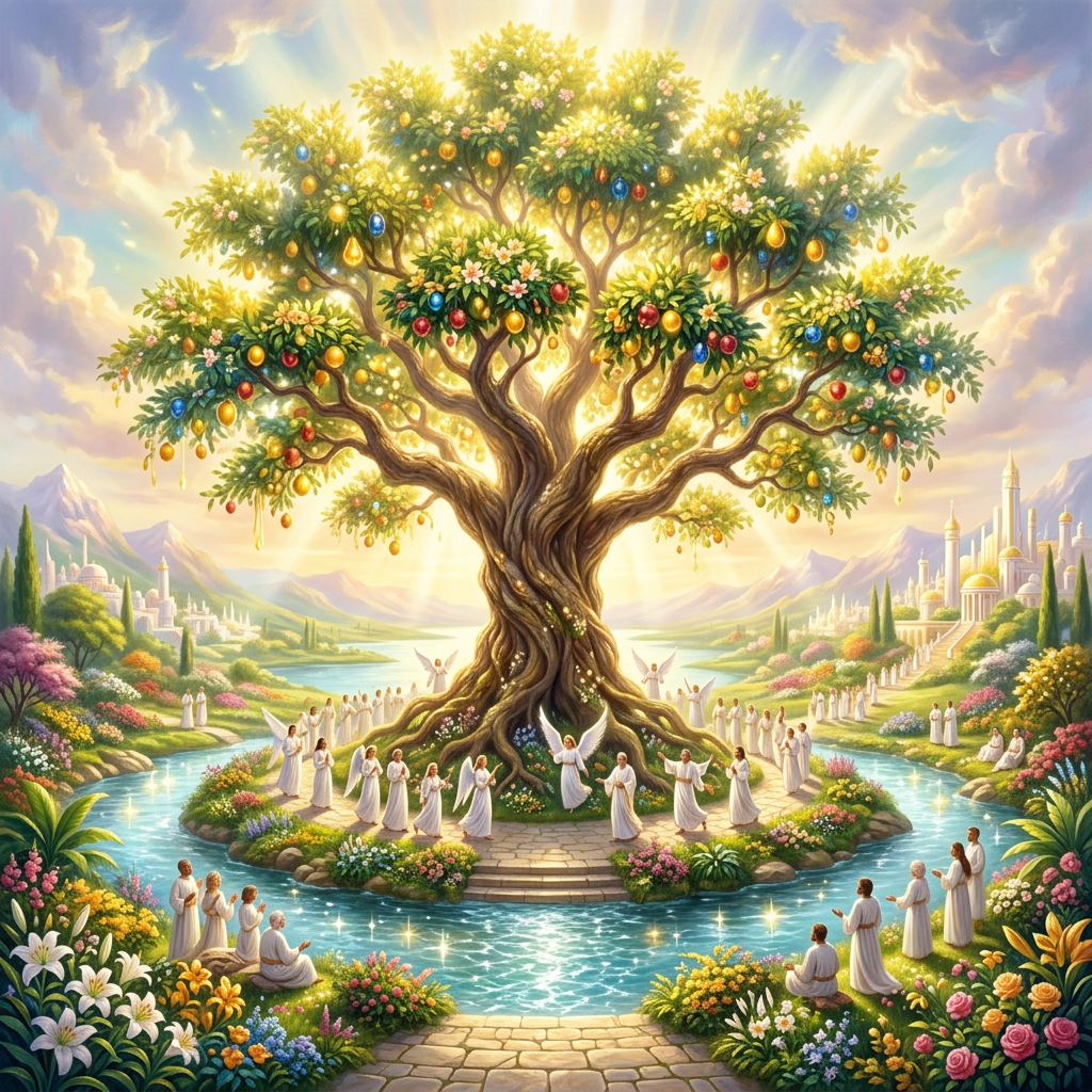 Large glowing tree with colorful jewels and angels surrounding it in a lush, peaceful garden
